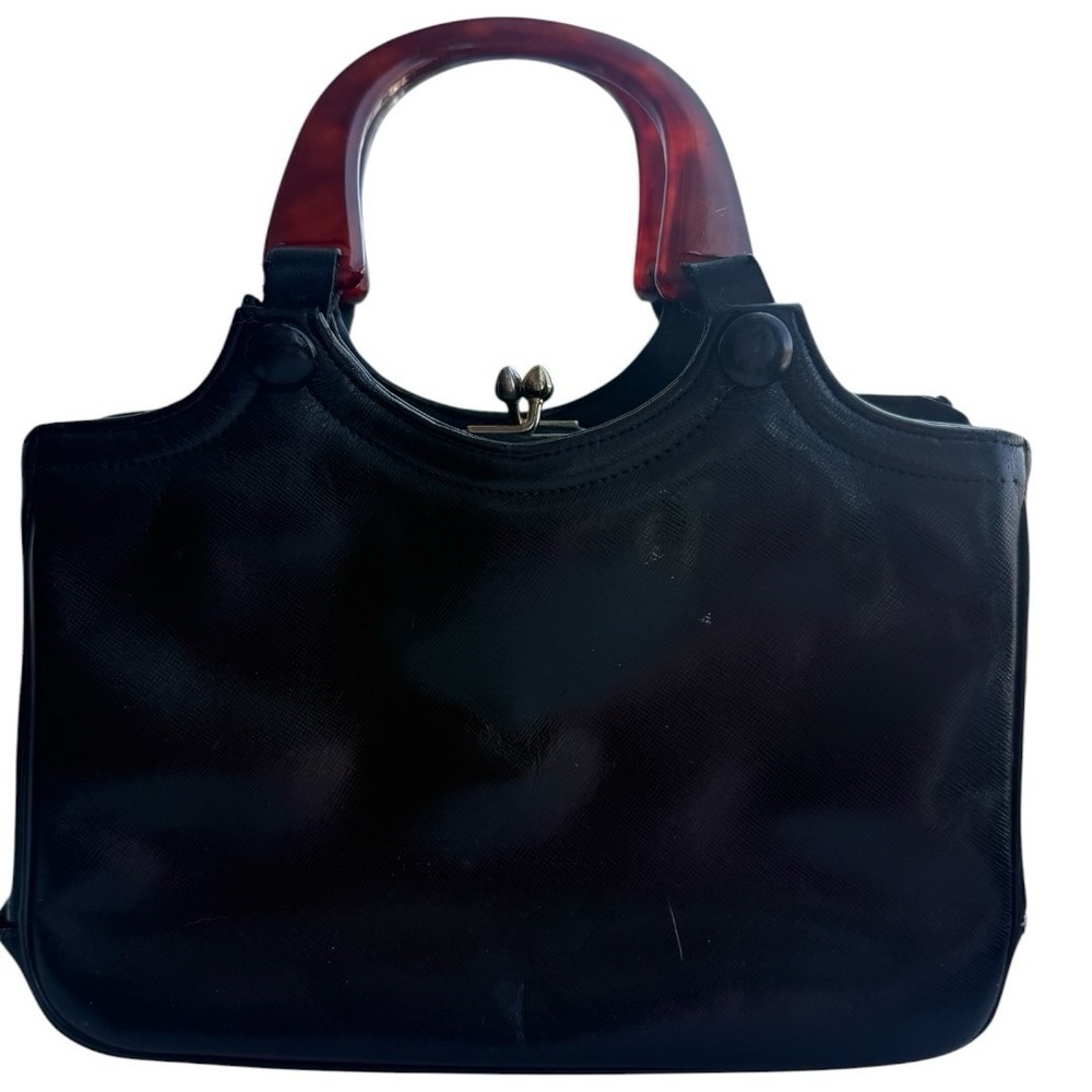 Vintage Dofan Black Leather Kiss Lock Purse Tortoiseshell Lucite Top Handle Bag